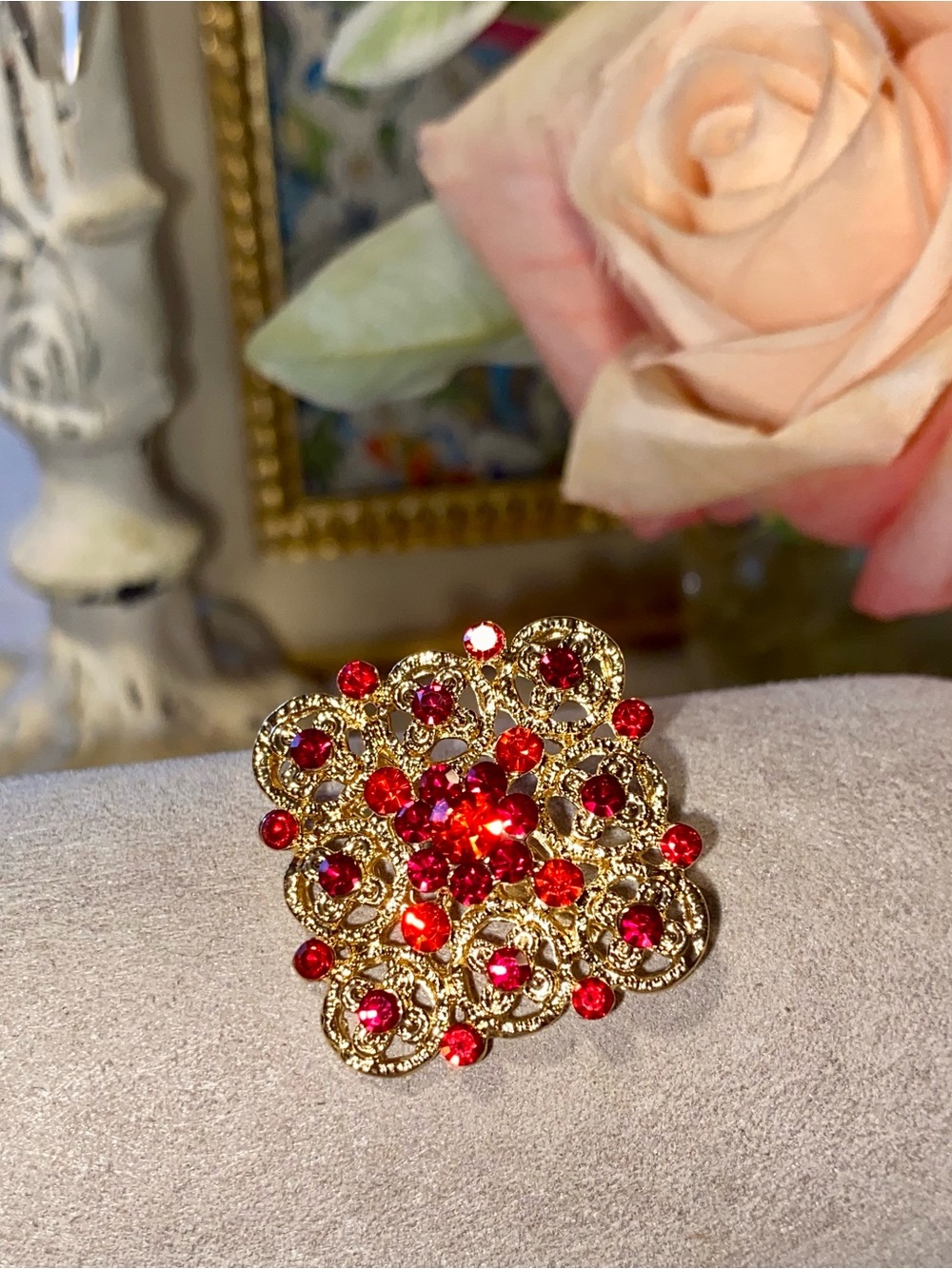 Red Crystal Floral Brooch